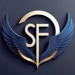 Company initials in gold semi circle, blue wings